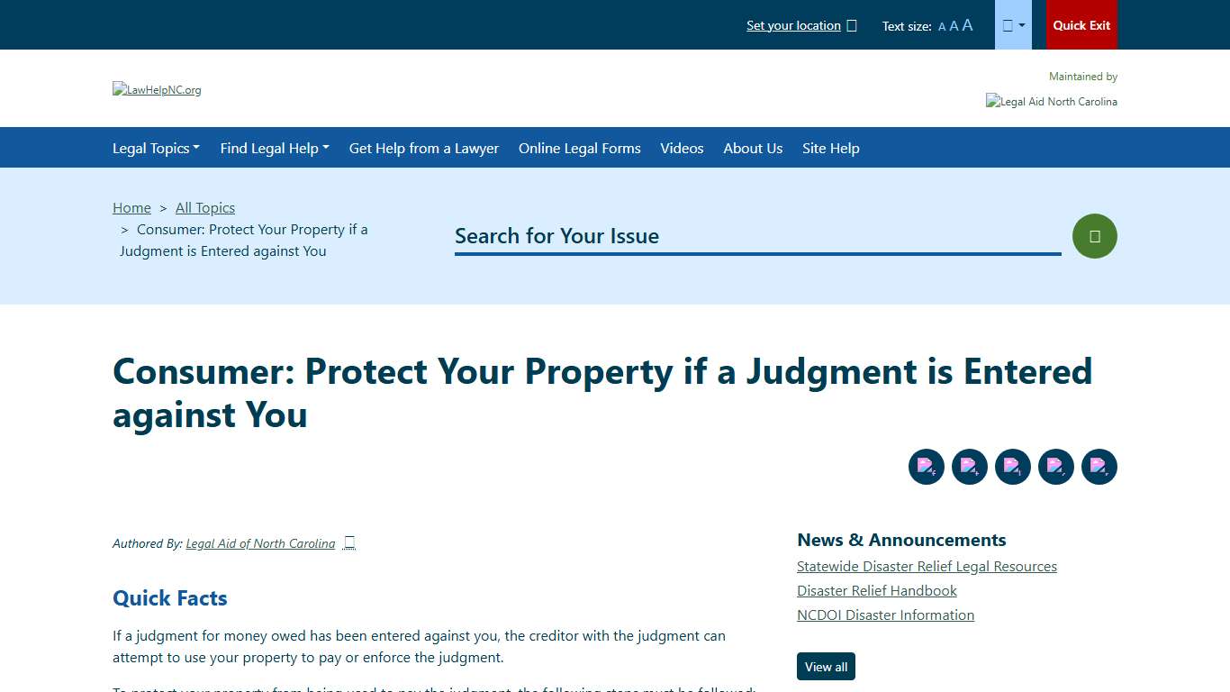 Consumer: Protect Your Property if a Judgment is Entered against You Welcome to LawHelpNC.org A guide to free and low cost legal aid, assistance and services in North Carolina