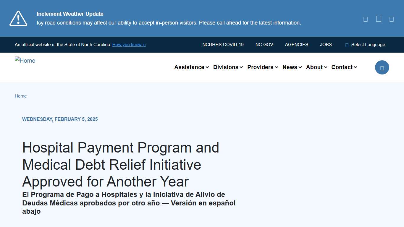 Hospital Payment Program and Medical Debt Relief Initiative Approved for Another Year NCDHHS